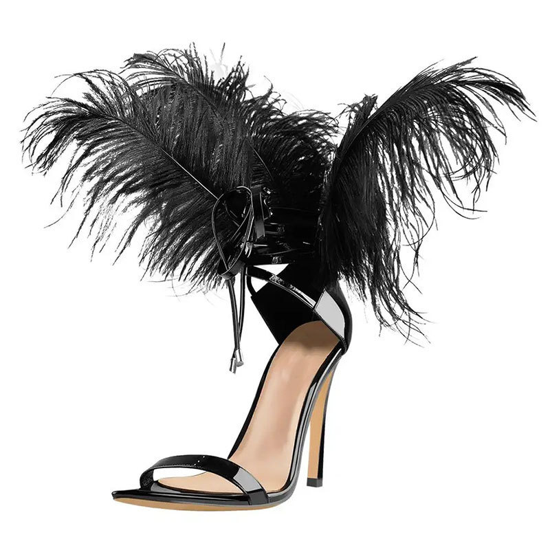 Support OEM/ODM Women Sandal Ankle Strap Open Toe Feather Black Lace Up Thin Stiletto Heel Sandals