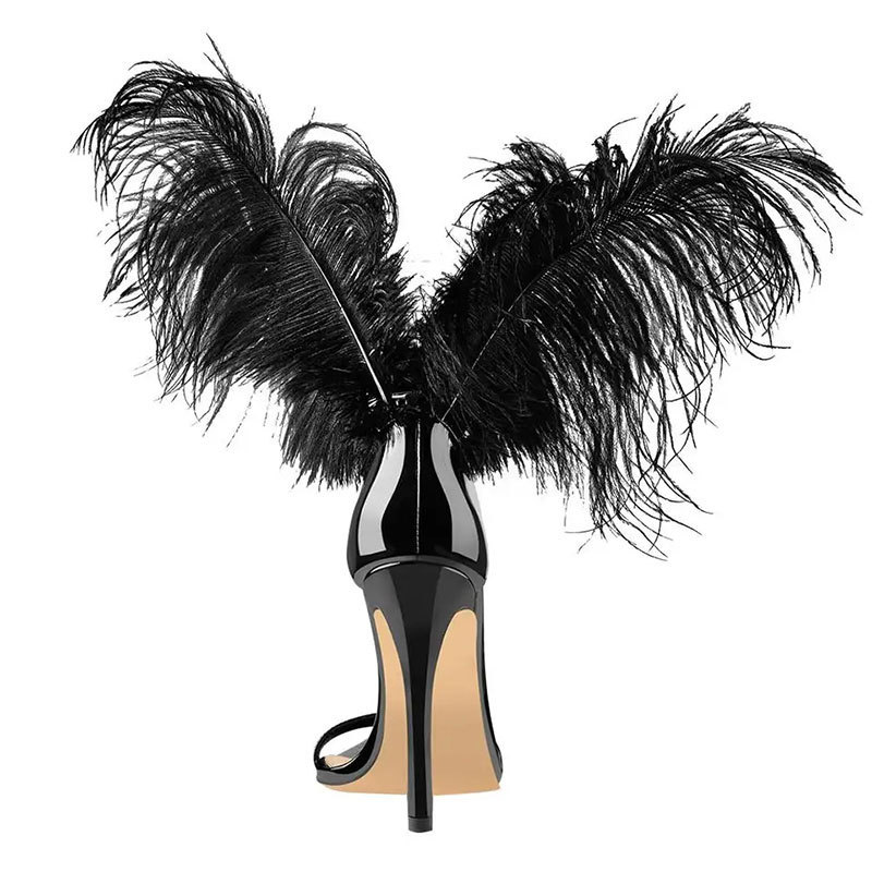 Support OEM/ODM Women Sandal Ankle Strap Open Toe Feather Black Lace Up Thin Stiletto Heel Sandals