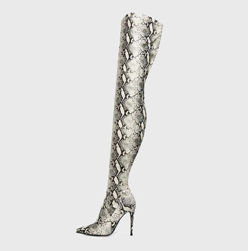 Sexy Snakeskin Print Stiletto Women Elastic Knee Thigh High  Boots