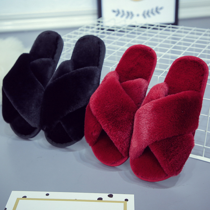 Home Shoes Women House Slippers Warm Faux Fur Ladies Cross Soft Plush Furry Female Open Toe Slides Fur fuzzy Slippers Women