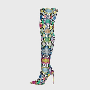 Sexy Snakeskin Print Stiletto Women Elastic Knee Thigh High  Boots