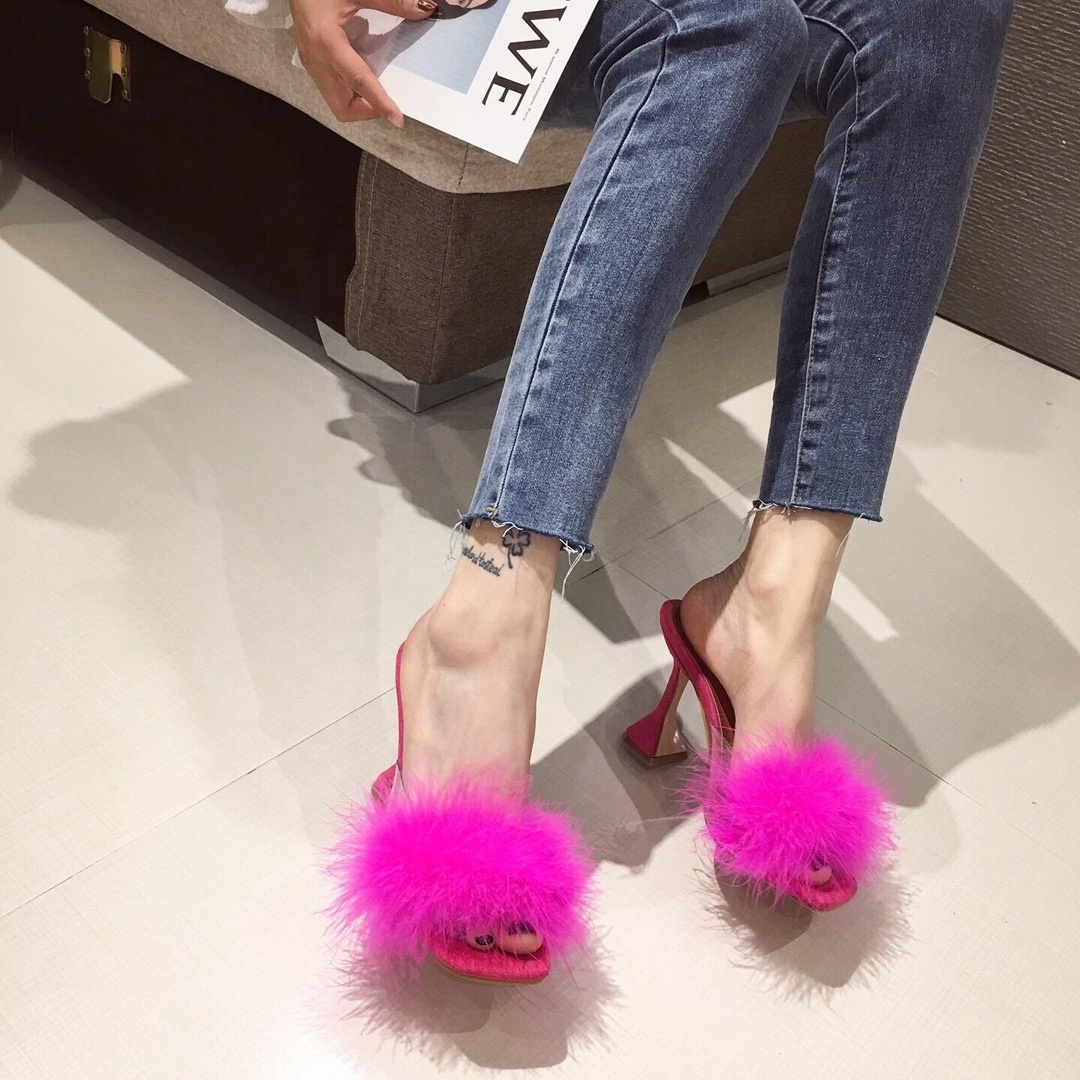 Summer Sandals Women Square Toe Feather Crystal High Heels Fur Peep Toe Mules Slides Furry Slippers Women Shoes 2021