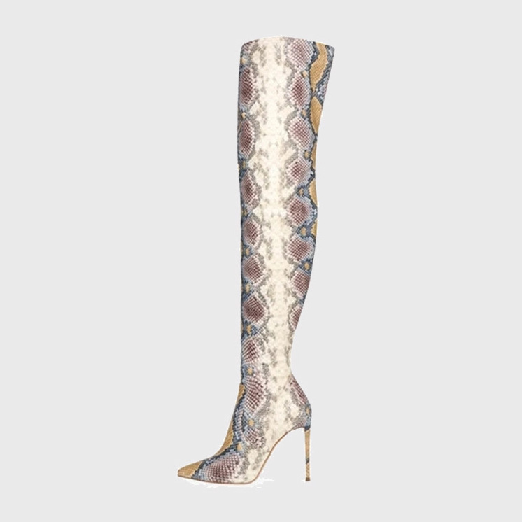 Sexy Snakeskin Print Stiletto Women Elastic Knee Thigh High  Boots