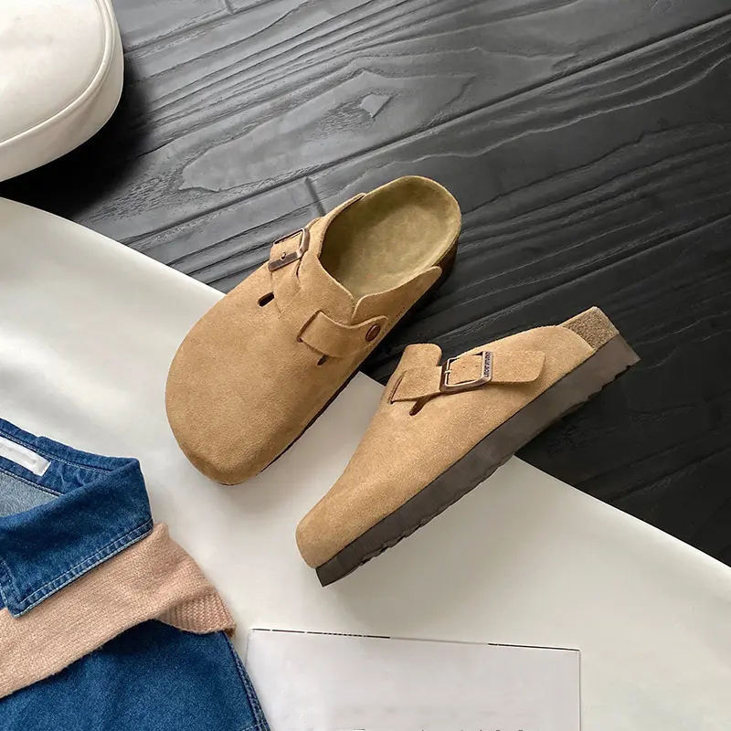 Xinzirain Custom Female Buckle Slippers Suede Leather Thick Sole Clog 4cm Platform Women Mules Sandal