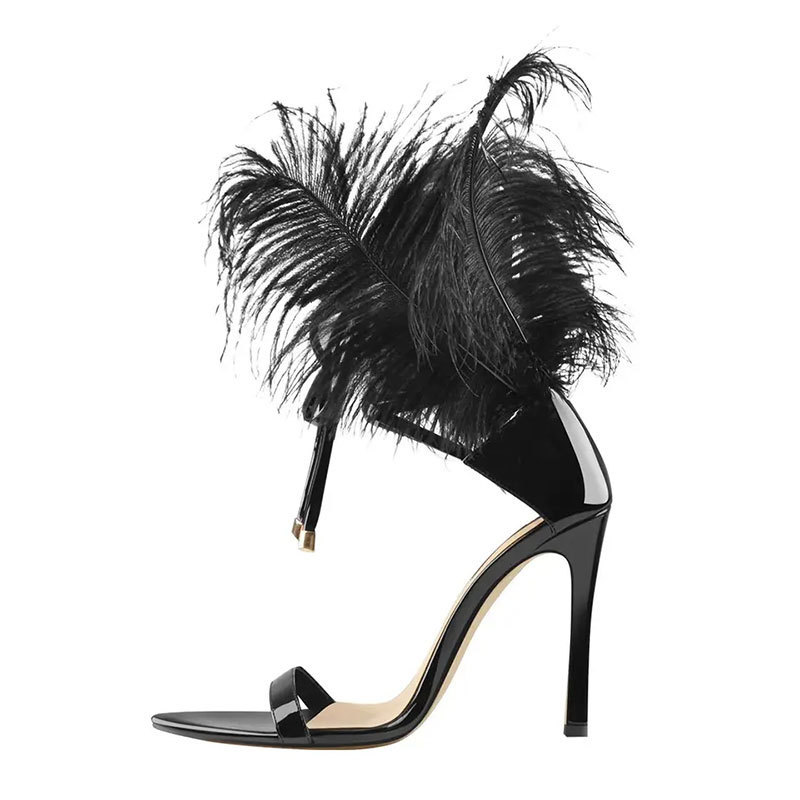 Support OEM/ODM Women Sandal Ankle Strap Open Toe Feather Black Lace Up Thin Stiletto Heel Sandals