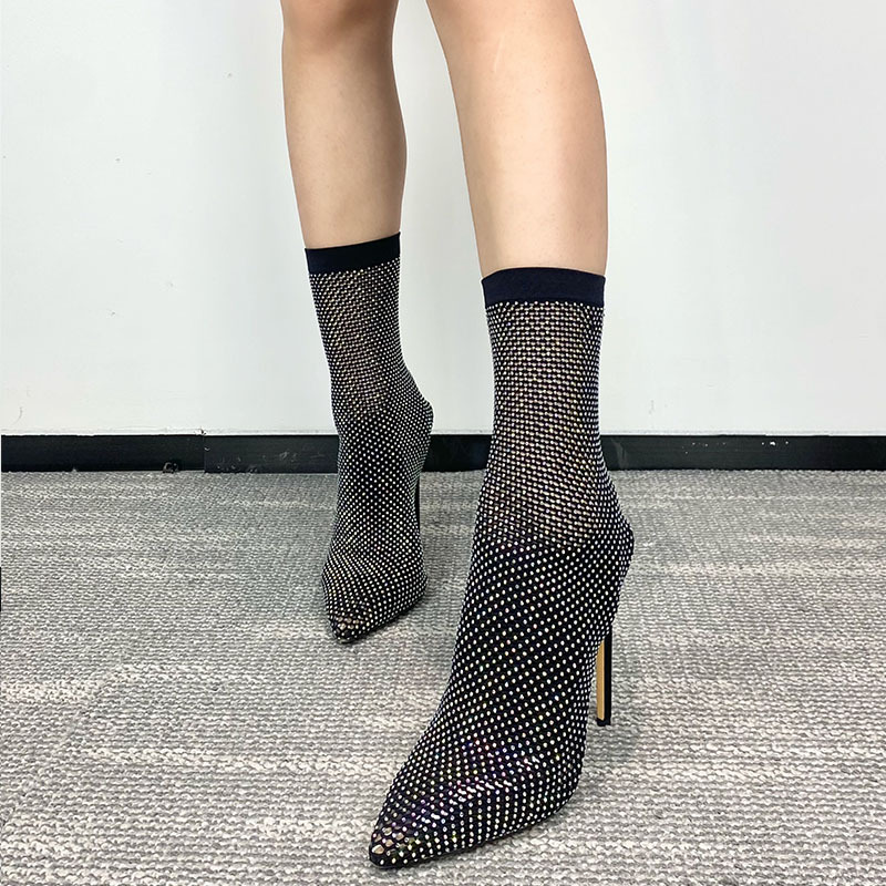 XINZI RAIN Custom Logo Plus Size Clear Fishnet Pointed Toe Slim High Heels Rhinestone 12cm Stiletto Heel Women Ankle Boots