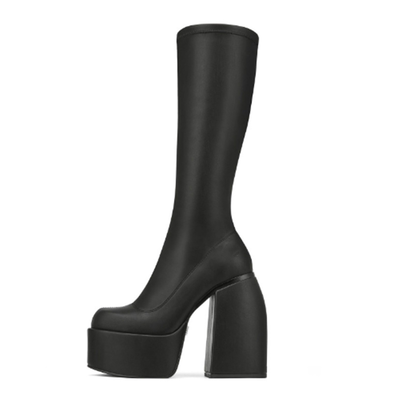 XINZ RAIN Custom Ladies High Knee Boots High Stretch Black Patent Leather Block Heel Women Platform Boots