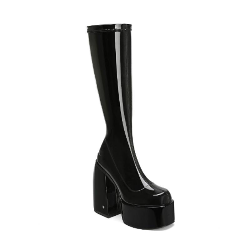 XINZ RAIN Custom Ladies High Knee Boots High Stretch Black Patent Leather Block Heel Women Platform Boots