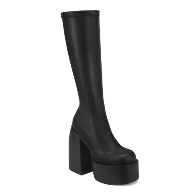 XINZ RAIN Custom Ladies High Knee Boots High Stretch Black Patent Leather Block Heel Women Platform Boots