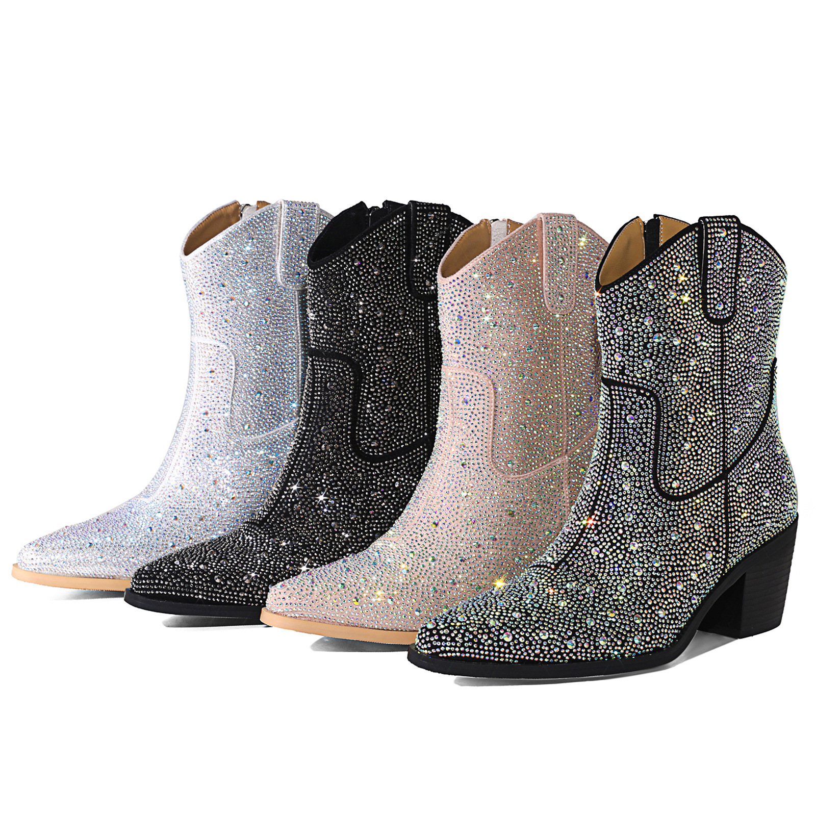 XINZI RAIN Big Size 43 Support Ladies Cowgirl Boots Popular Rhinestone 6.5cm Chunky Heel Women Ankle Boots