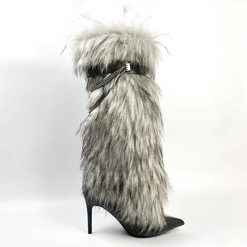 XZR 2023   brand women knee high boots stiletto heel pointed toe rabbit fur chain fashion sexy girls boots