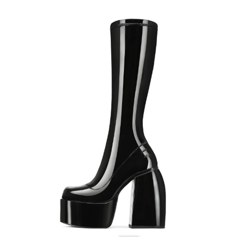 XINZ RAIN Custom Ladies High Knee Boots High Stretch Black Patent Leather Block Heel Women Platform Boots