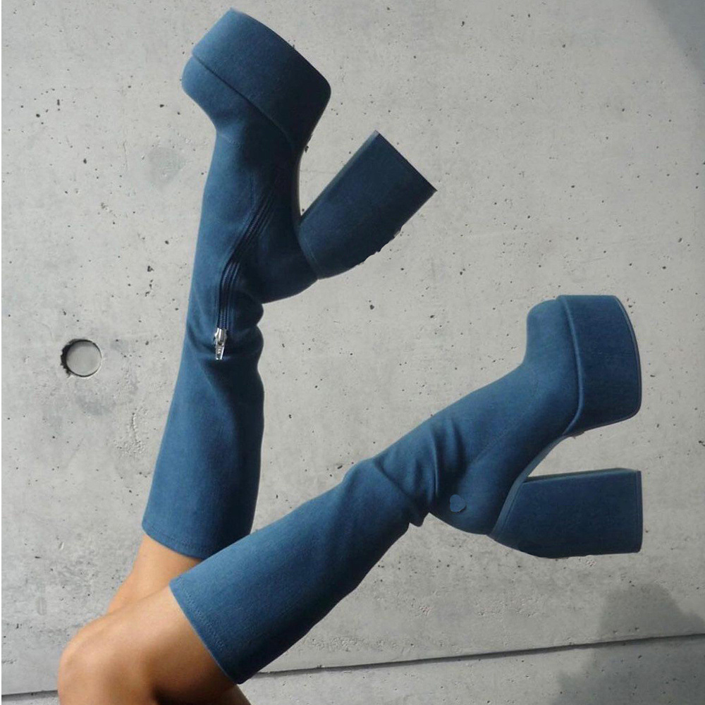 XINZI RAIN Large Size 48 Women Platform Boots Square Toe Thick Bottom Women Knee High Denim Boots