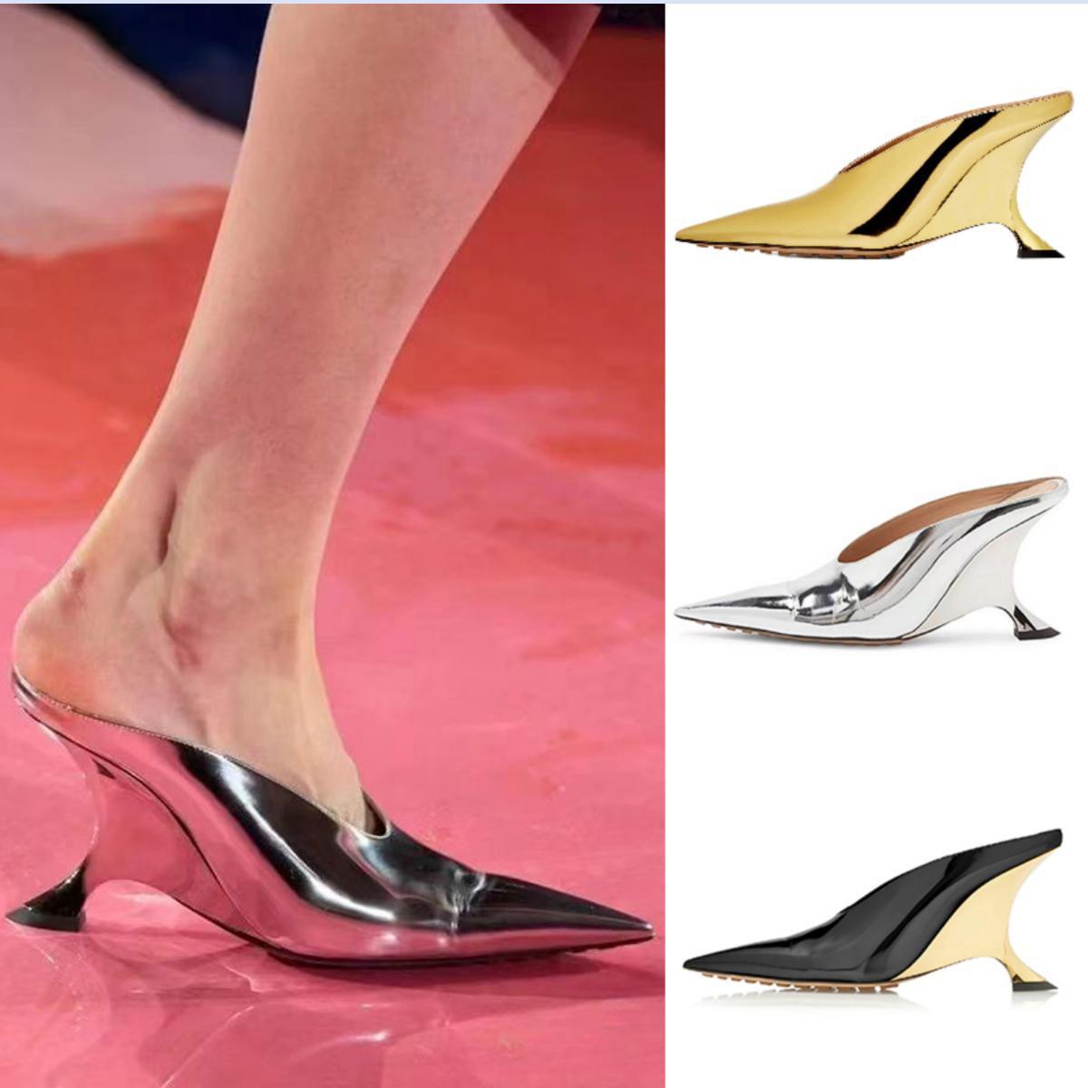 Xinzirain Summer Mule Heels Unique Customized Point Toe Silver Gold Metallic leather Strange Heels High Heels For Women