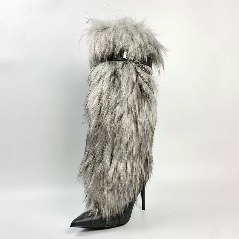 XZR 2023   brand women knee high boots stiletto heel pointed toe rabbit fur chain fashion sexy girls boots