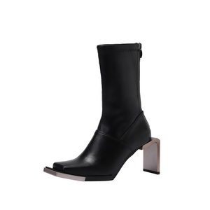 XINZI RAIN Fashion Women Booties Steel Square Toe 6cm Metal Block Heel Women Leather Cowboy Boots