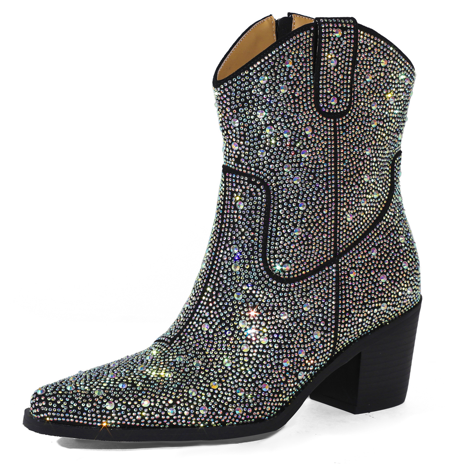 XINZI RAIN Big Size 43 Support Ladies Cowgirl Boots Popular Rhinestone 6.5cm Chunky Heel Women Ankle Boots