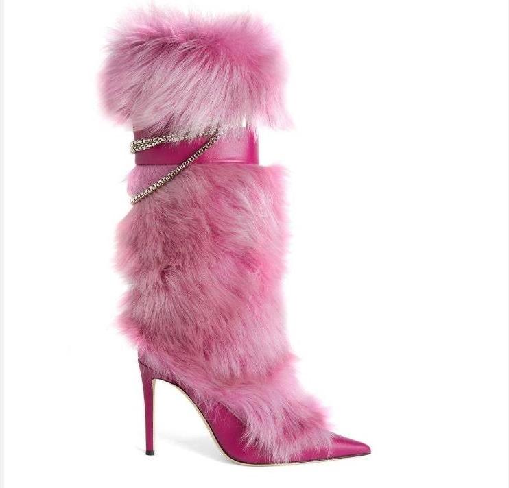 XZR 2023   brand women knee high boots stiletto heel pointed toe rabbit fur chain fashion sexy girls boots