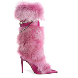 XZR 2023   brand women knee high boots stiletto heel pointed toe rabbit fur chain fashion sexy girls boots