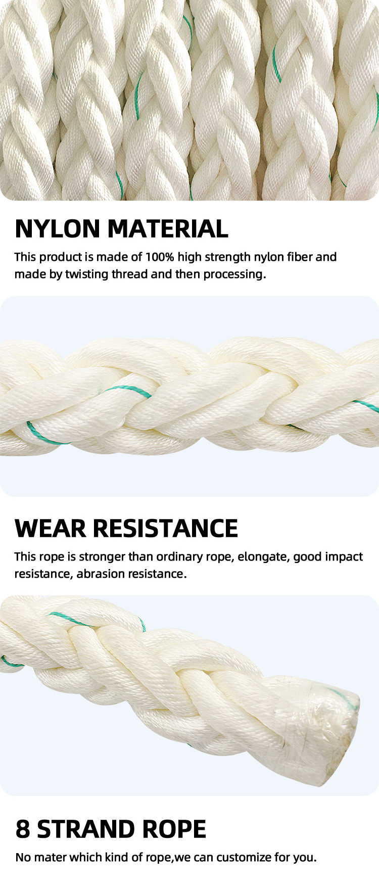 Marine 10-160mm mooring rope 8 strands nylon rope for ship boat used ...