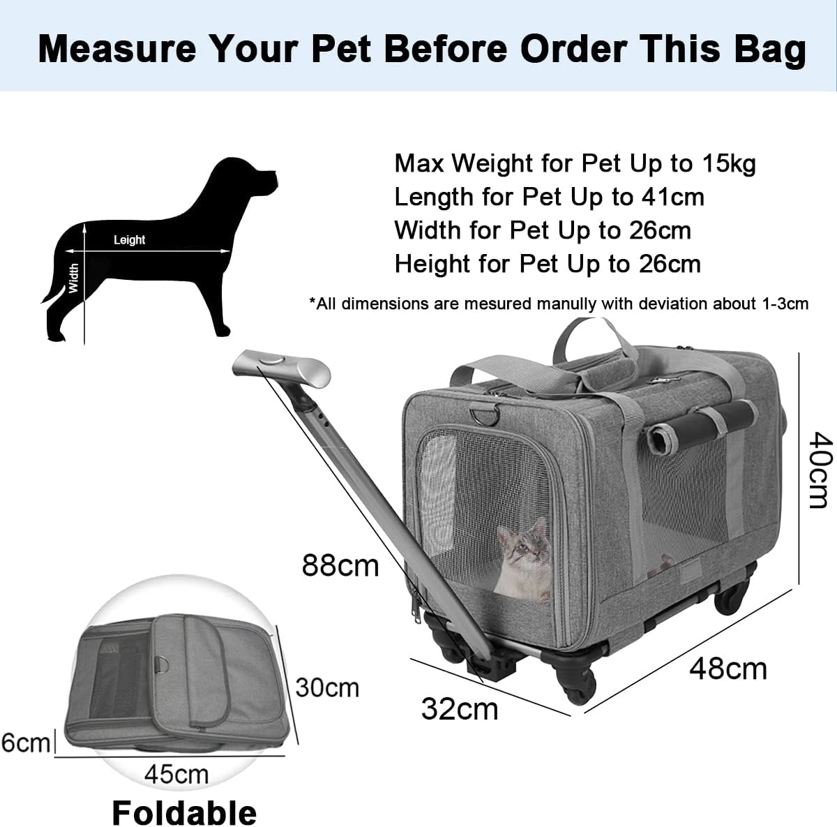 Pet Carrier  Cat Wheeled Bag Puppy Rolling Handbag with Detachable Wheels Plenty of Room Large Space Trolley Collapsible