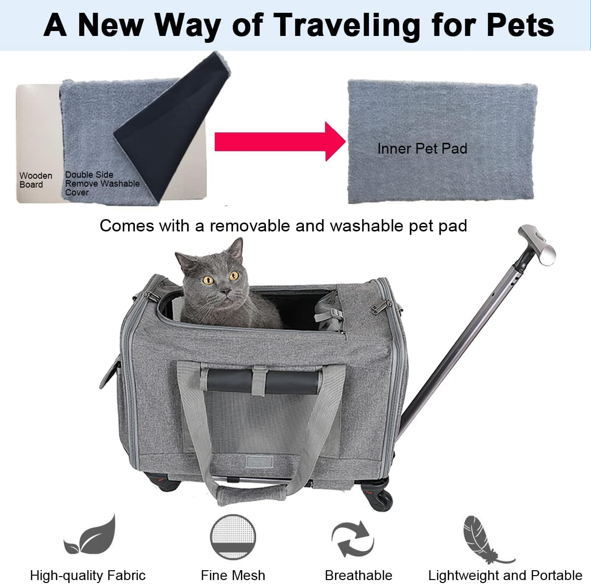 Pet Carrier  Cat Wheeled Bag Puppy Rolling Handbag with Detachable Wheels Plenty of Room Large Space Trolley Collapsible