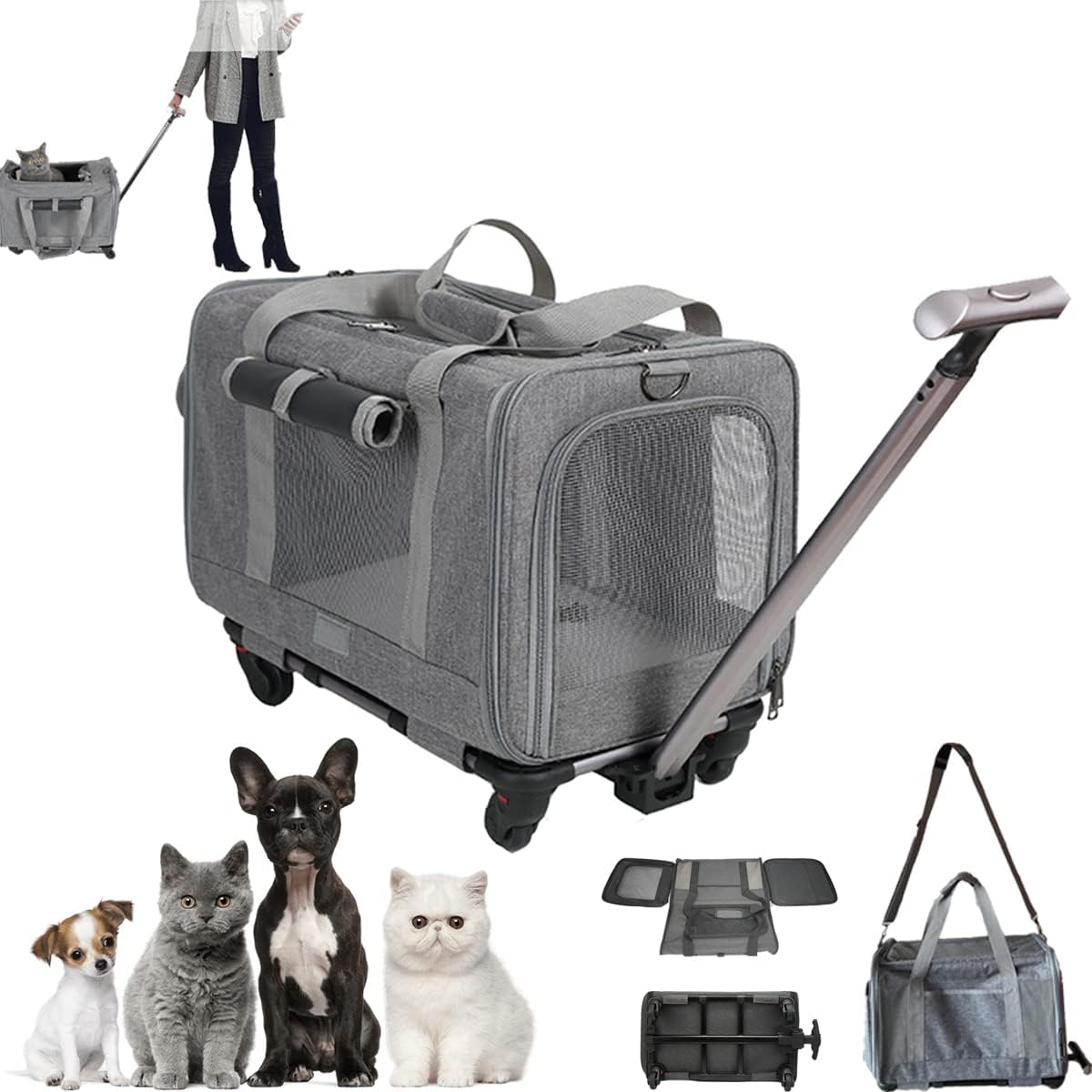 Pet Carrier  Cat Wheeled Bag Puppy Rolling Handbag with Detachable Wheels Plenty of Room Large Space Trolley Collapsible