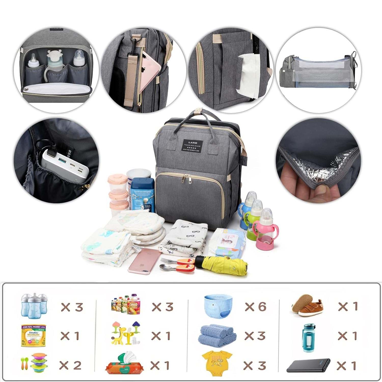 diaper bag with changing station backpack 7 in 1 travel diaper bag mommy bag with USB charging port