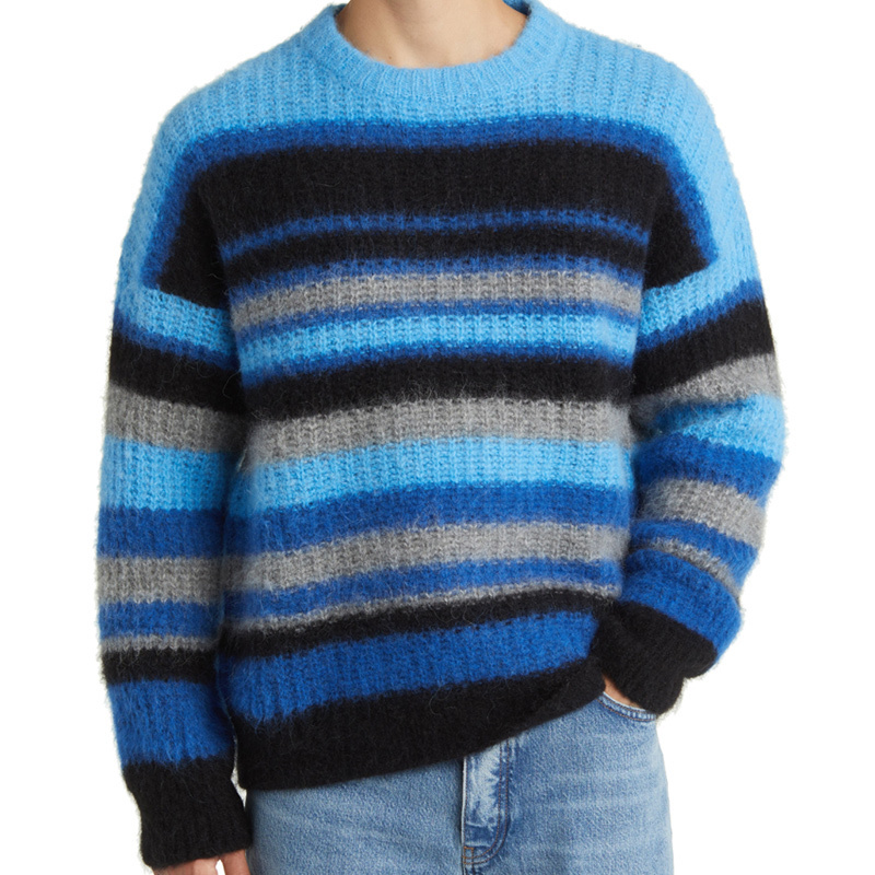 Fashion New Hot Sale Sweater Italian Knitwear Round Neck Knitted Pullover Mohair Cashmere Striped Sweater Men Custom Standard