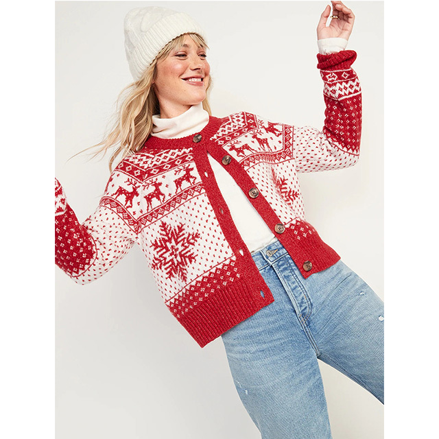 Custom Christmas Sweater Knitted Deer Snow Pattern Pullover with Button Cardigan crewneck Sweater Christmas Knit cardigan women