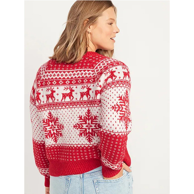 Custom Christmas Sweater Knitted Deer Snow Pattern Pullover with Button Cardigan crewneck Sweater Christmas Knit cardigan women