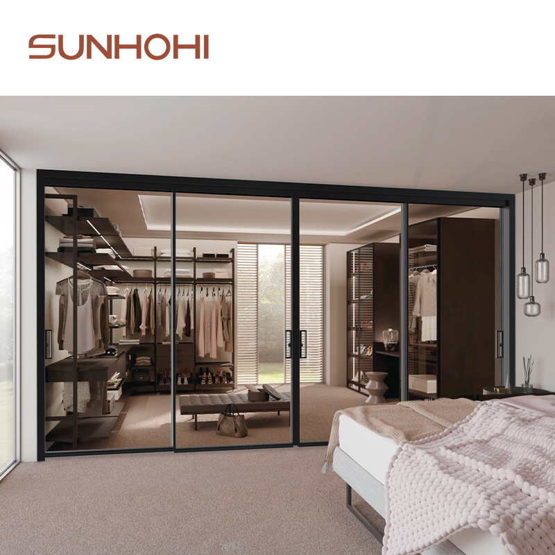 SUNHOHI Maglev trackless screen single glass door smart lock aluminium slim frame sliding glass doors with overhead track