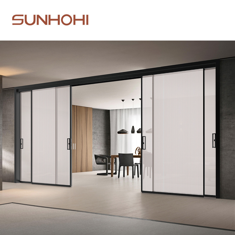 SUNHOHI Maglev trackless screen single glass door smart lock aluminium slim frame sliding glass doors with overhead track