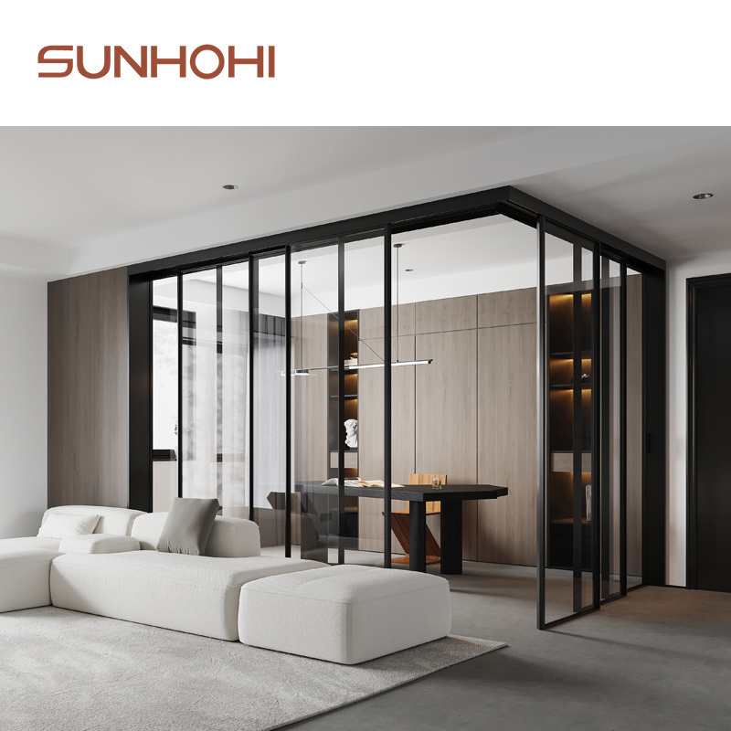 SUNHOHI Maglev trackless screen single glass door smart lock aluminium slim frame sliding glass doors with overhead track