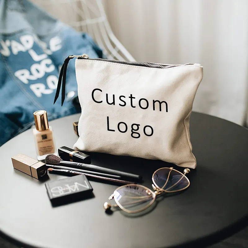 Custom Logo Printed Canvas Zipper Makeup Bag Luxury Cotton Small Canvas Coin Pouch Travel Cosmetic plain pencilBag Pencil Pouch