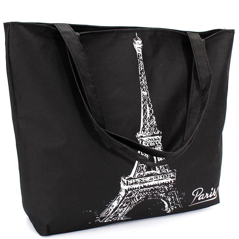 Large Space Women Canvas Handbag Zipper Shopping Shoulder Bag Paris Eiffel Tower Pattern Girls Beach Book bag