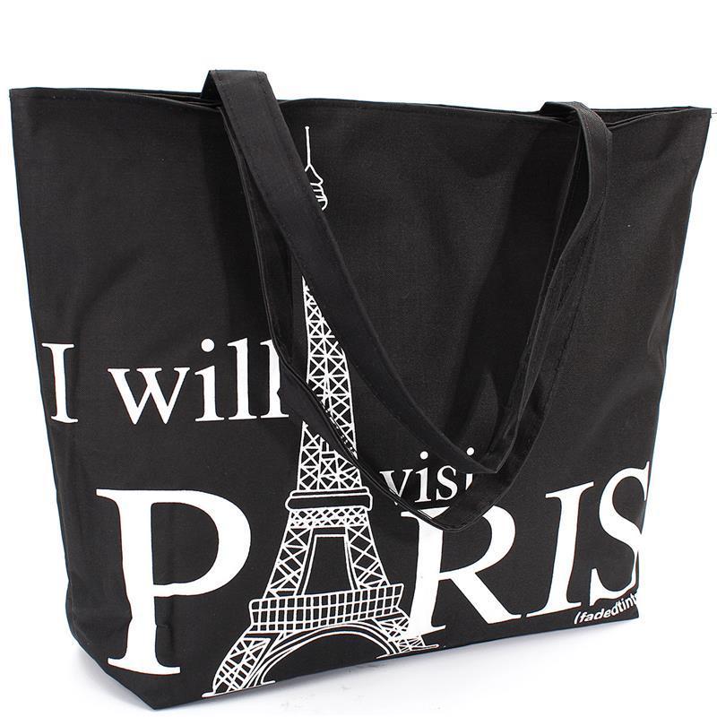 Large Space Women Canvas Handbag Zipper Shopping Shoulder Bag Paris Eiffel Tower Pattern Girls Beach Book bag