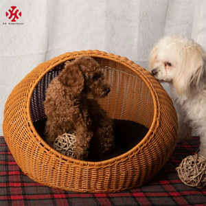 XH Summer Cooling Hand Made Rattan furniture Round Bed with Soft Cushion for Cats Small Dogs Wicker Basket Pet House & Pet cages