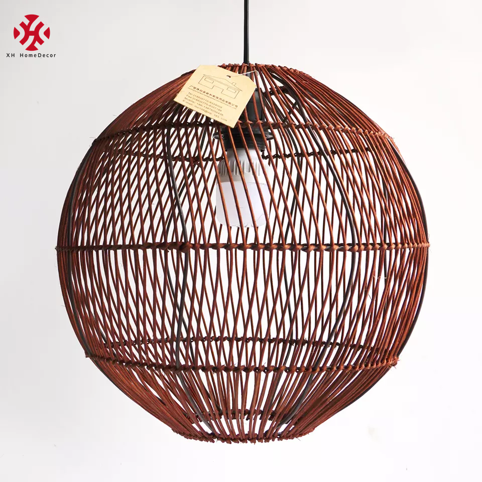 XH Hot Sell Round Handmade Rattan Wicker Ceiling Lampshade Country Cottage Cover Suitable for E 26/27 Lamp Holder pendent light