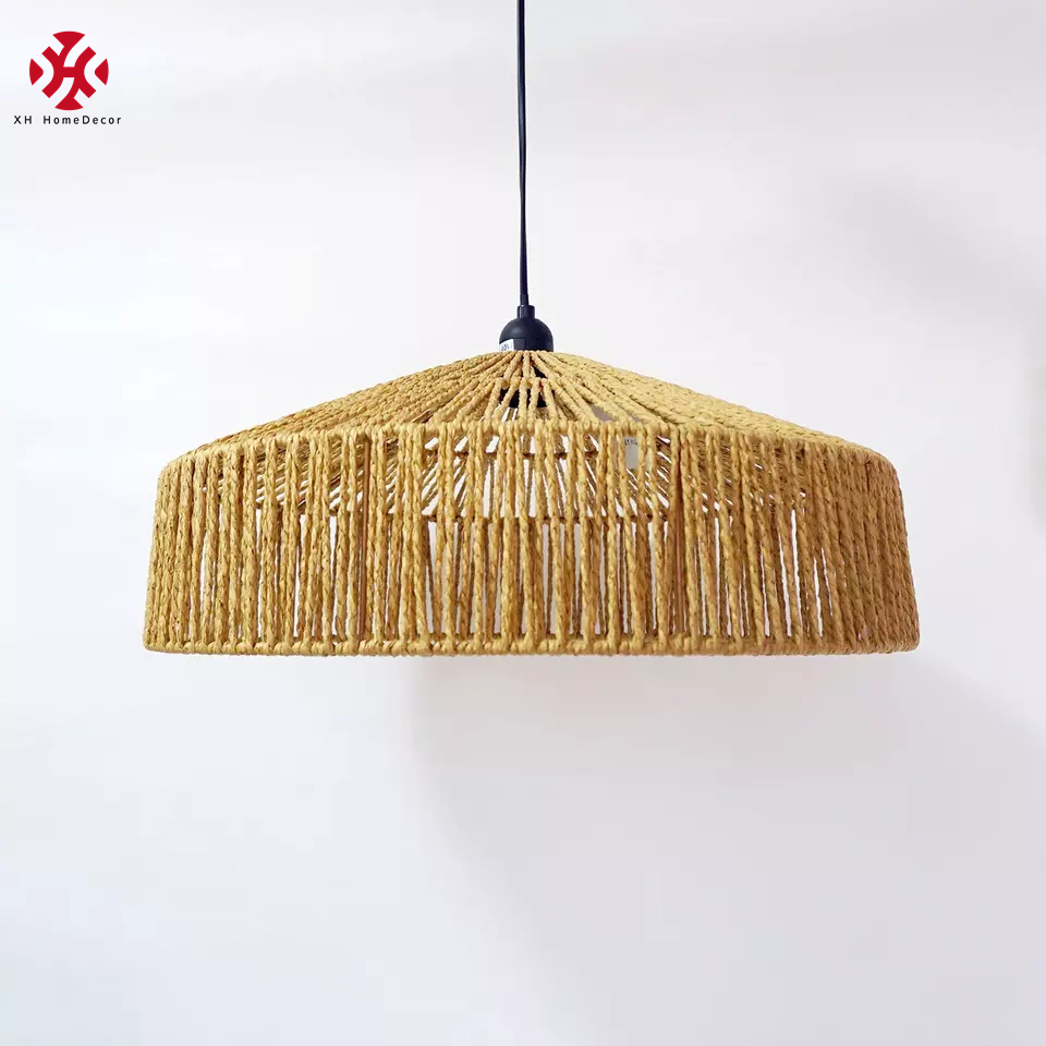 XH Bohemia Natural Rattan Wicker Paper Rope Lace Handmade Woven Cover Shade Ceiling Lighting Pendant Lampshade