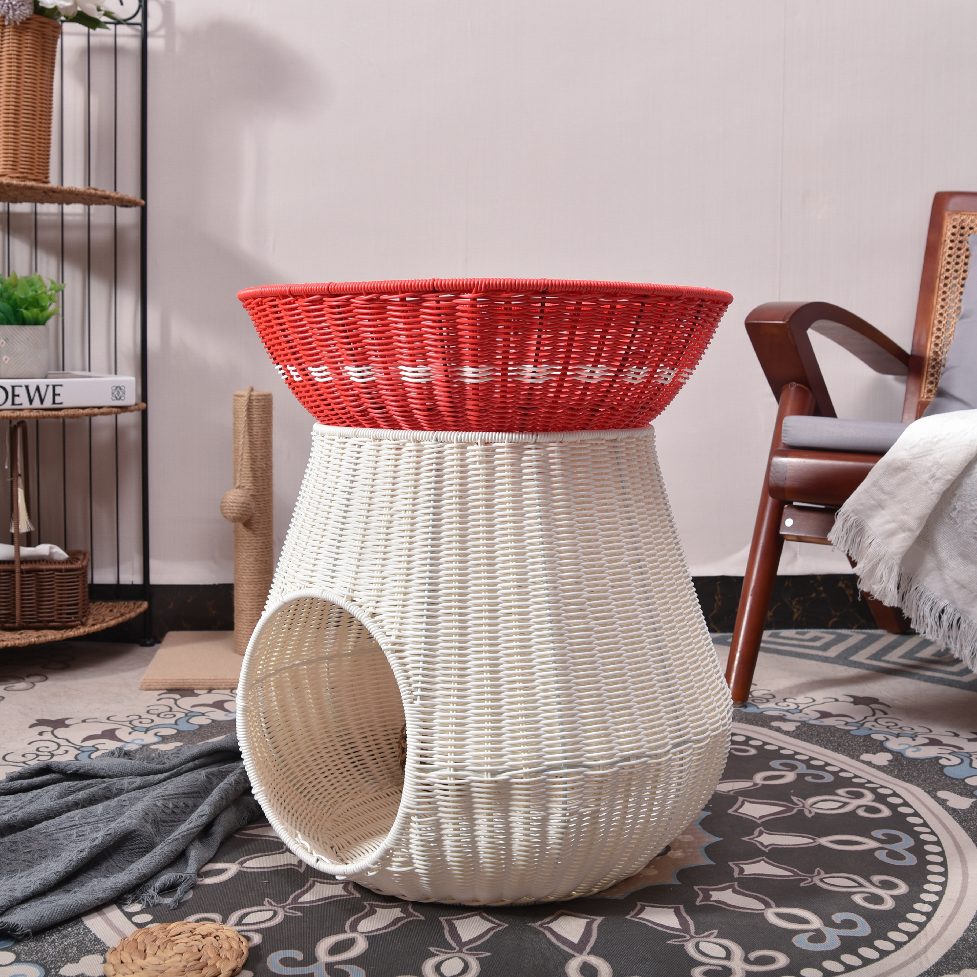 XH Plastic Rattan Resin Wicker Woven Mushrooms Cat Dog Bed Kennel house with mattress Small Pet Animals Bed Nest Mini House Pet