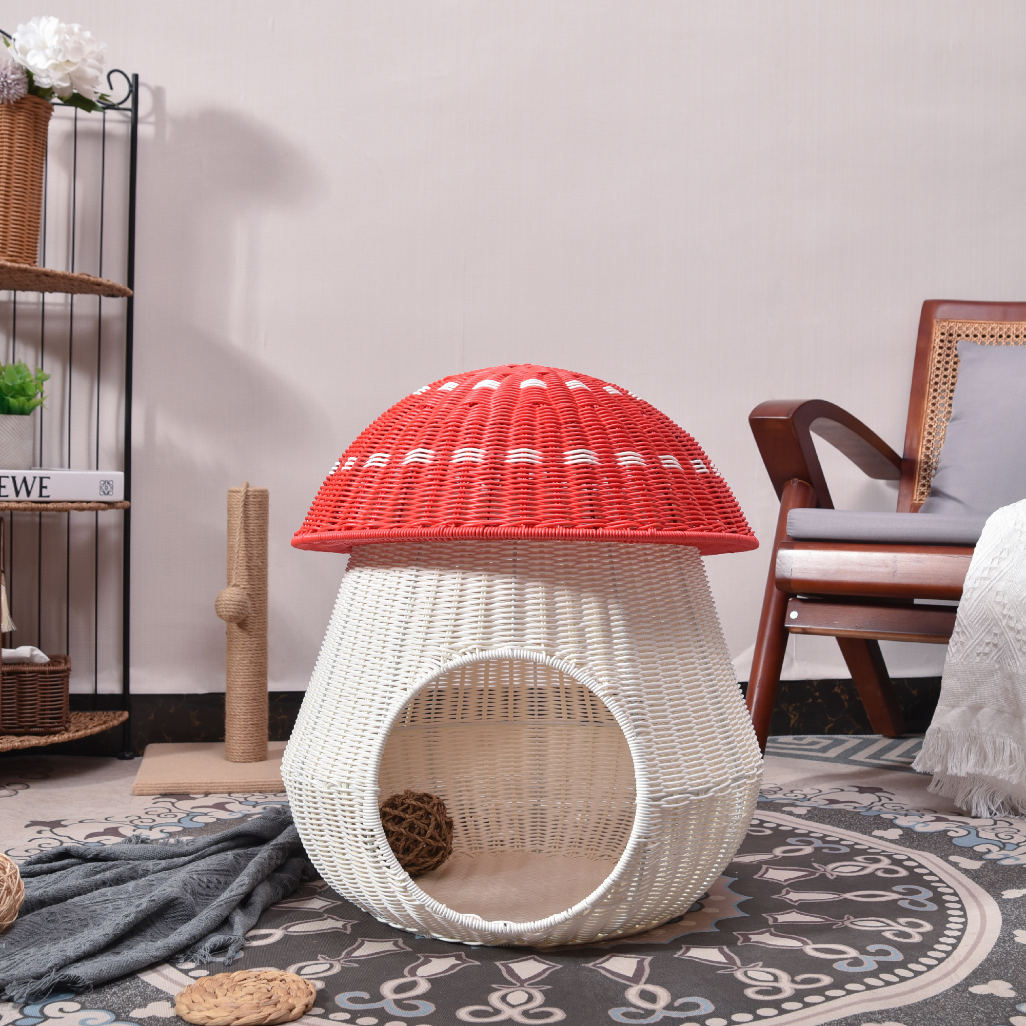 XH Plastic Rattan Resin Wicker Woven Mushrooms Cat Dog Bed Kennel house with mattress Small Pet Animals Bed Nest Mini House Pet