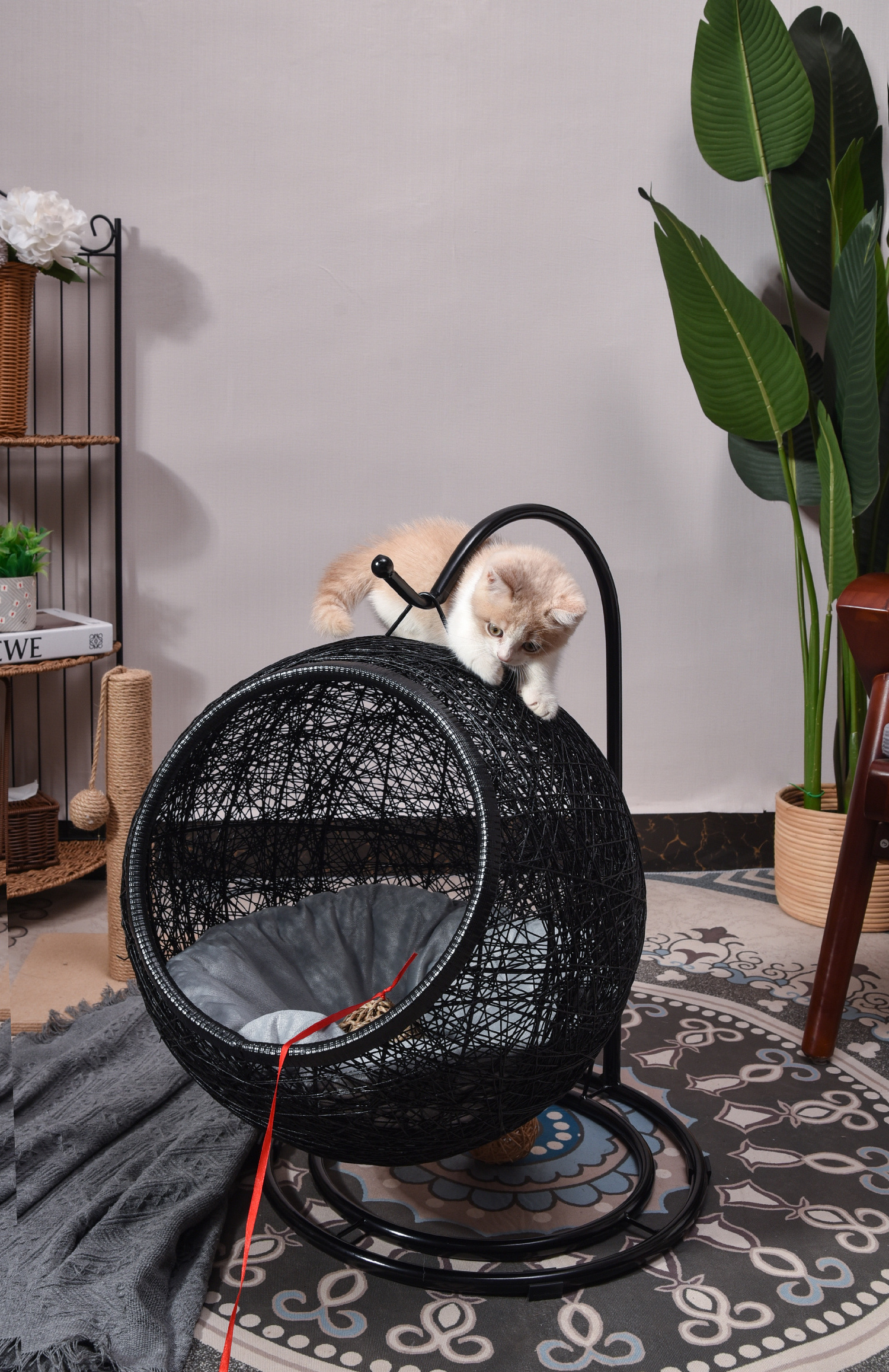 XH Swinging Bed House Nest for Small Dog Cat with Cushion, Indoor Outdoor Hanging Hammock, Teardrop Shape, KD-Stand pet Basket