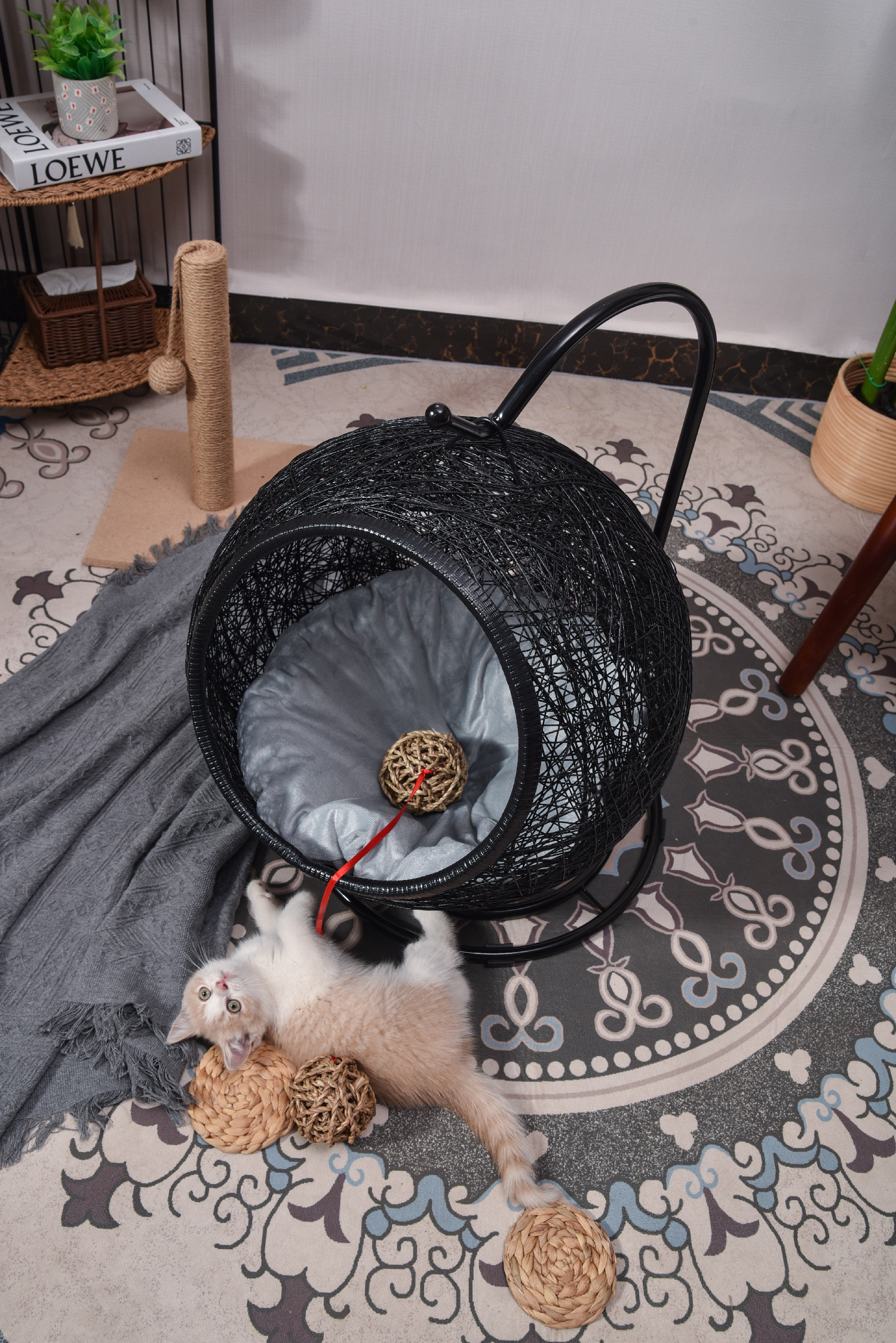 XH Swinging Bed House Nest for Small Dog Cat with Cushion, Indoor Outdoor Hanging Hammock, Teardrop Shape, KD-Stand pet Basket