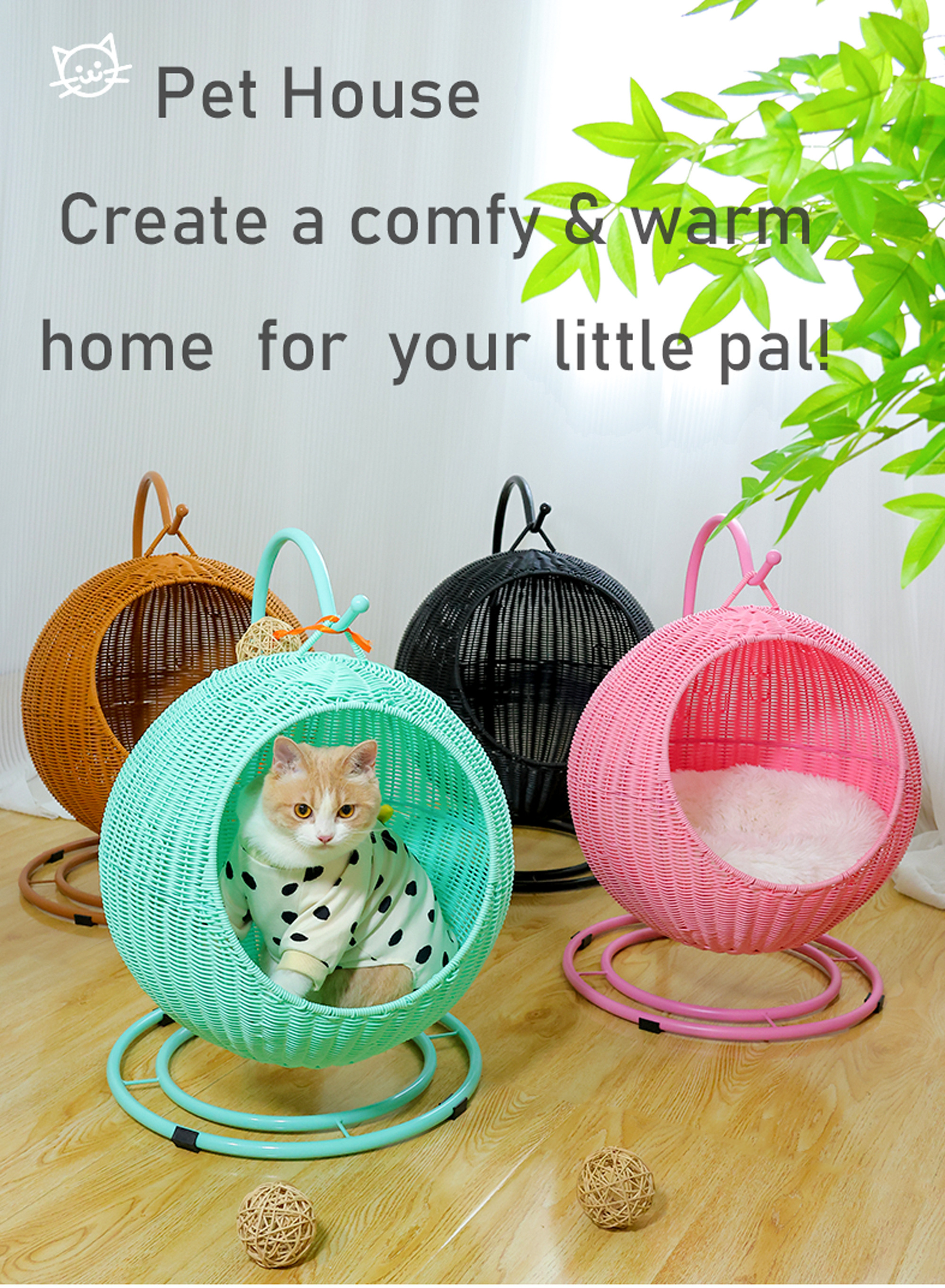 XH Novelty Plastic rattan Handwoven Hanging Hammock Egg Lounge Chair Pet cage Soft Deep Cushion with Hammock Stand for Cat Dog