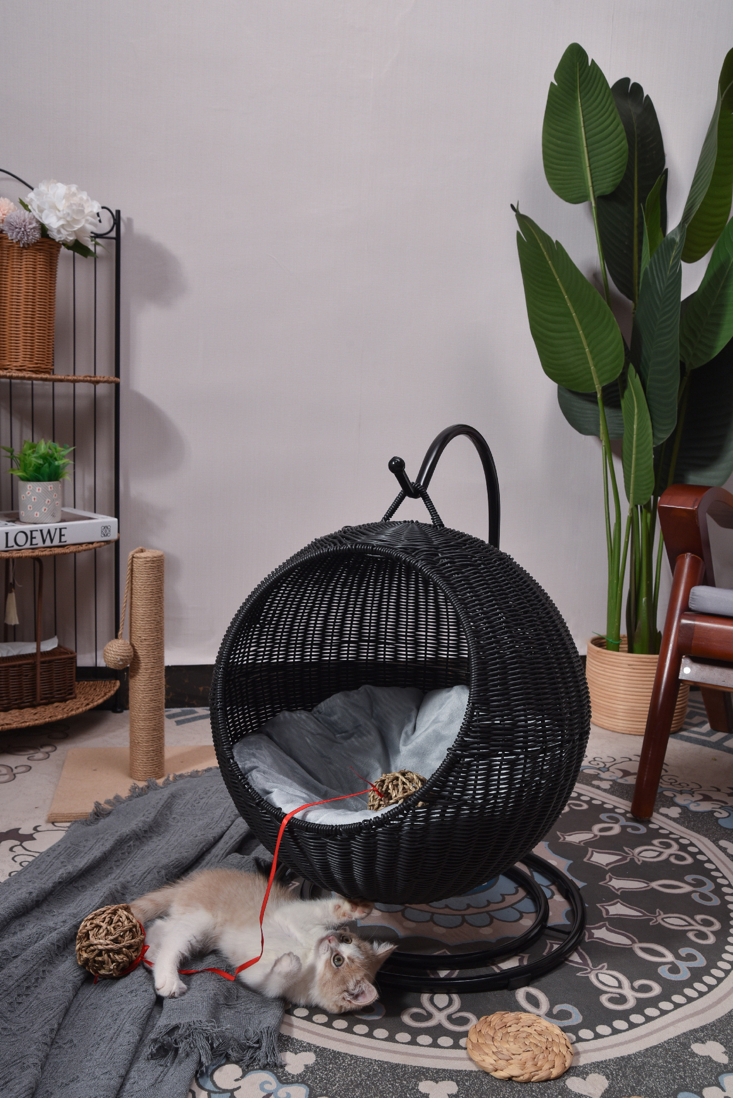 XH Paper Rope rattan Woven Hanging Hammock Egg Chair Lounge Chair Soft Deep Cushion with Hammock Stand for Cat Dog Pet  Basket