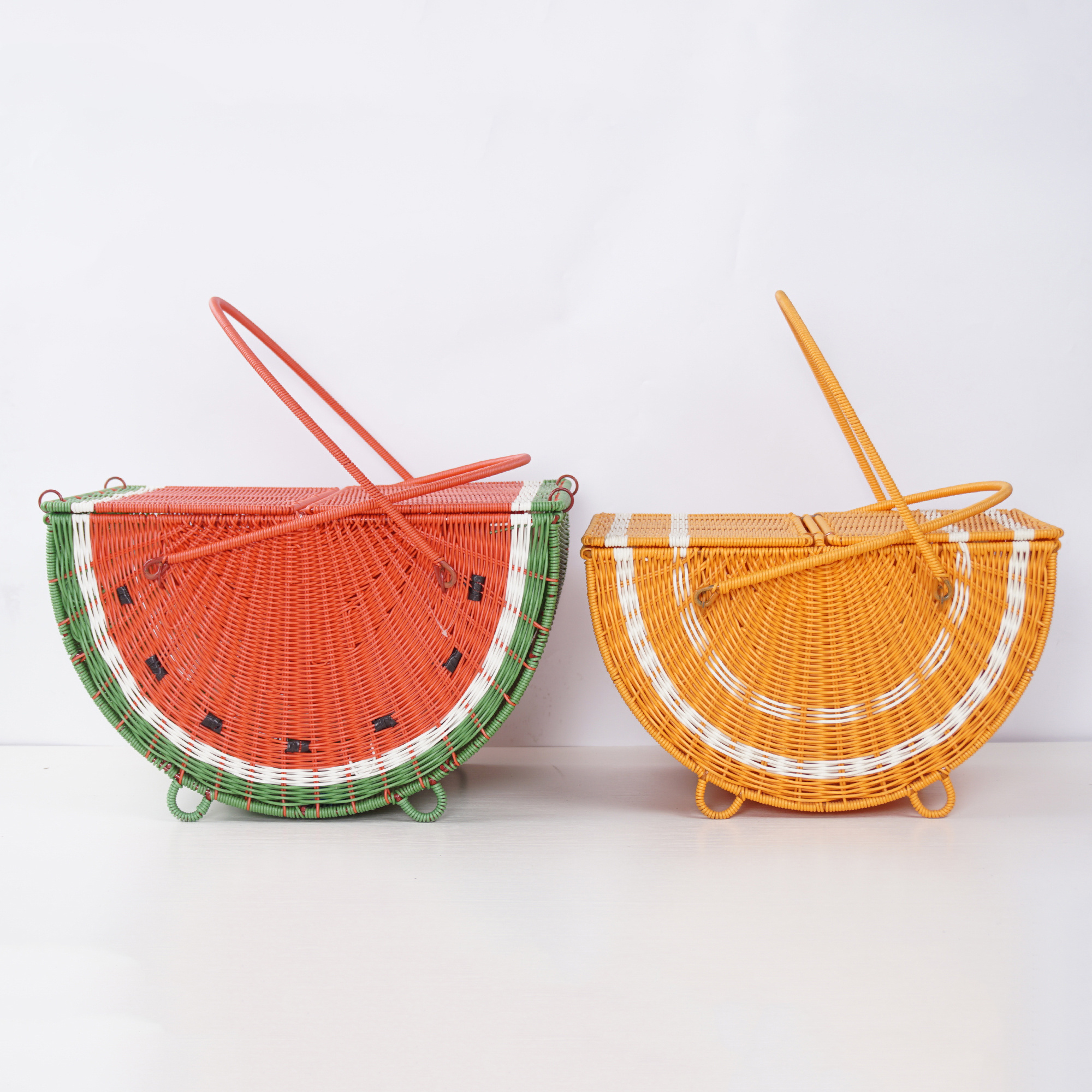 XH Wholesale Portable Large Size Rectangle Watermelon with Swing Handle and lid handmade Resin Wicker rattan woven Picnic Basket