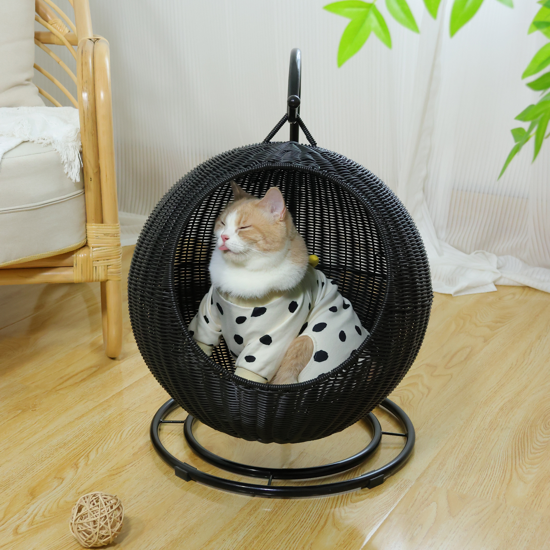 XH Novelty Plastic rattan Handwoven Hanging Hammock Egg Lounge Chair Pet cage Soft Deep Cushion with Hammock Stand for Cat Dog