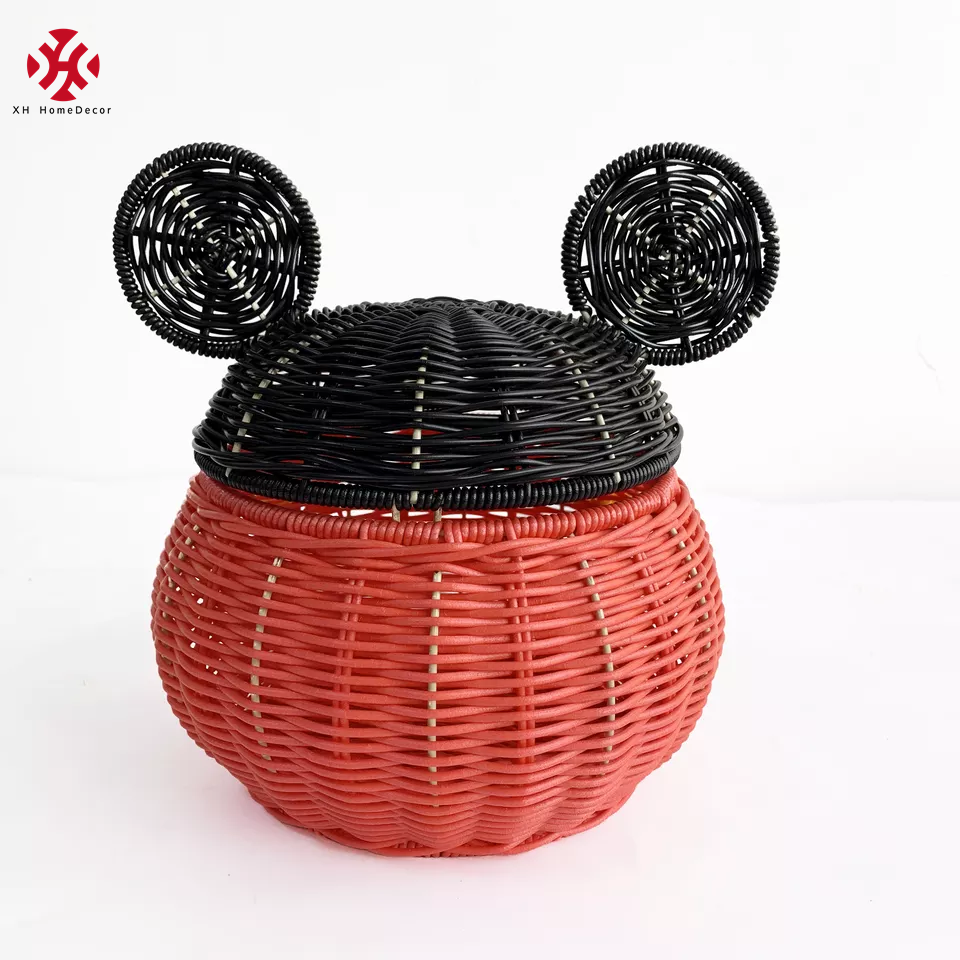 XH Mickey Plastic Rattan Resin Wicker Storage Basket with Lid Decorative Bin Home Decor Cute Handmade Handcrafted Gift Art