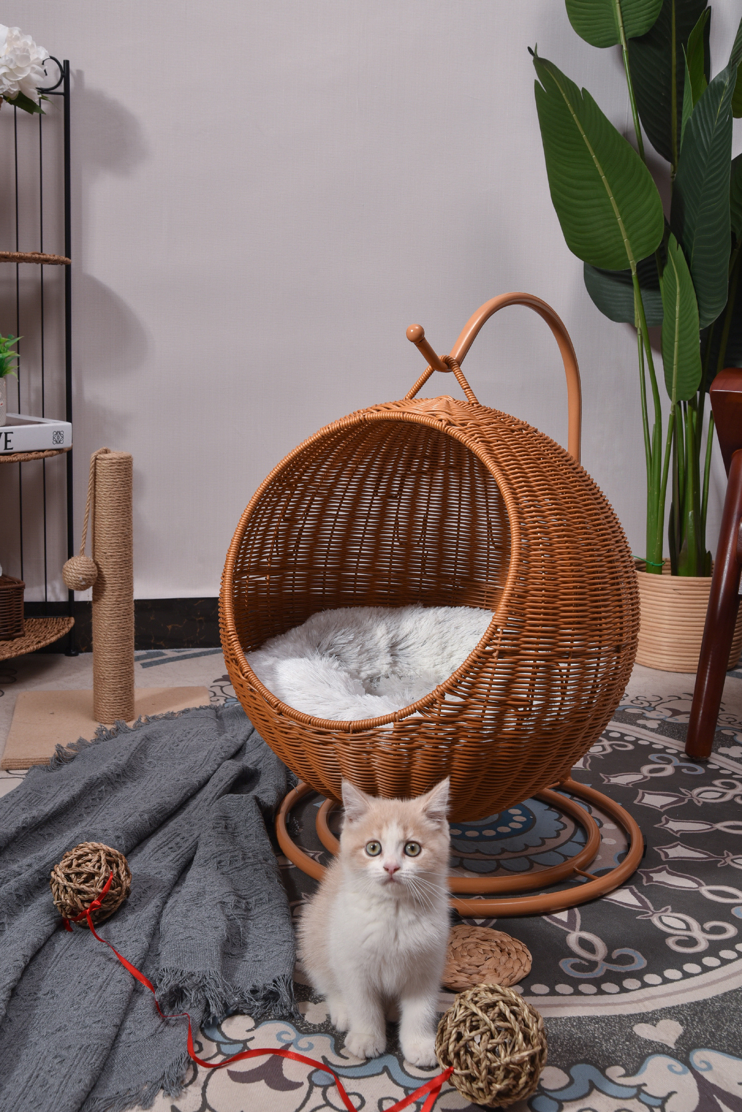 XH Novelty Plastic rattan Woven Hanging Hammock Egg Chair Lounge Chair Soft Deep Cushion with Hammock Stand for Pet cage Cat Dog